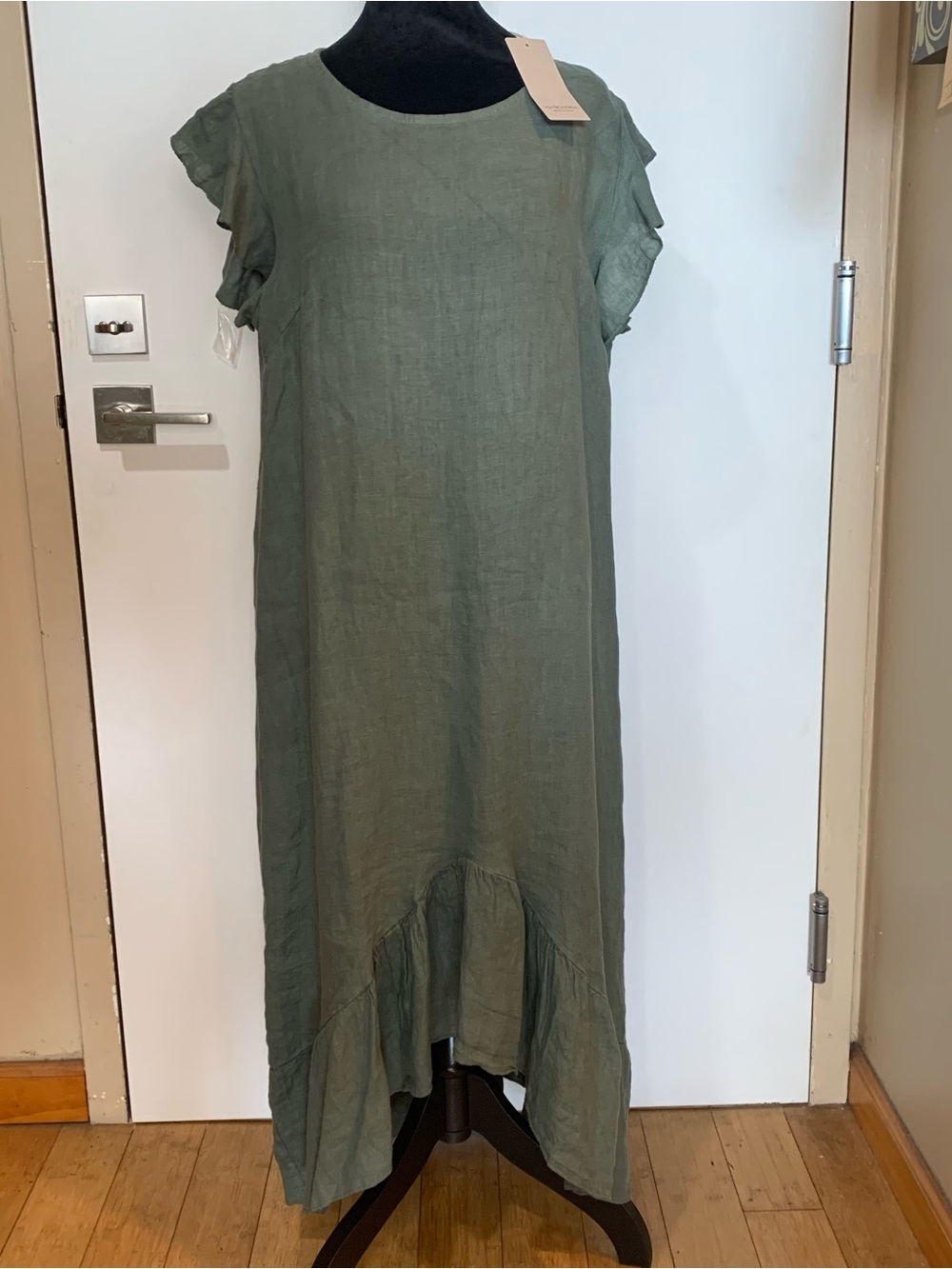 Via Signoria Made in Italy NWT LARGE Green Linen Maxi Dress w Ruffle Hem/Sleeves